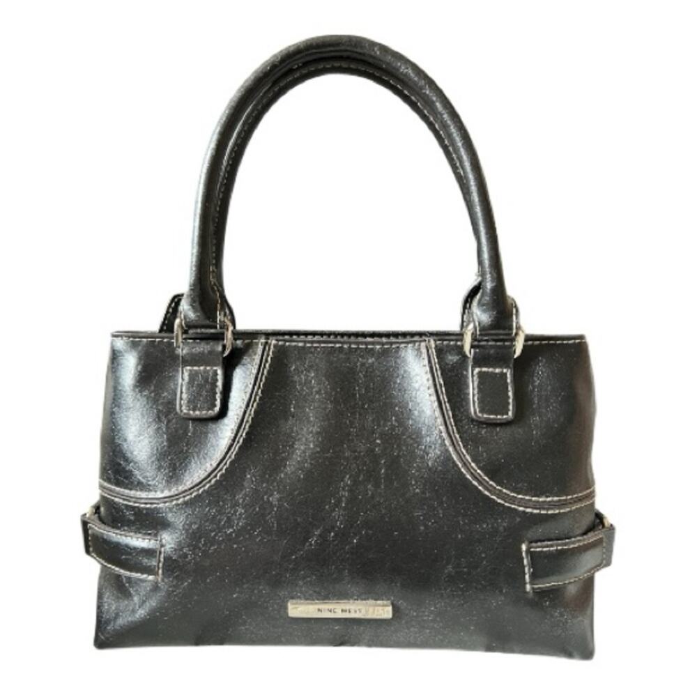 Nine West Vintage Black Faux Leather Mini Satchel with Contrast Stitching